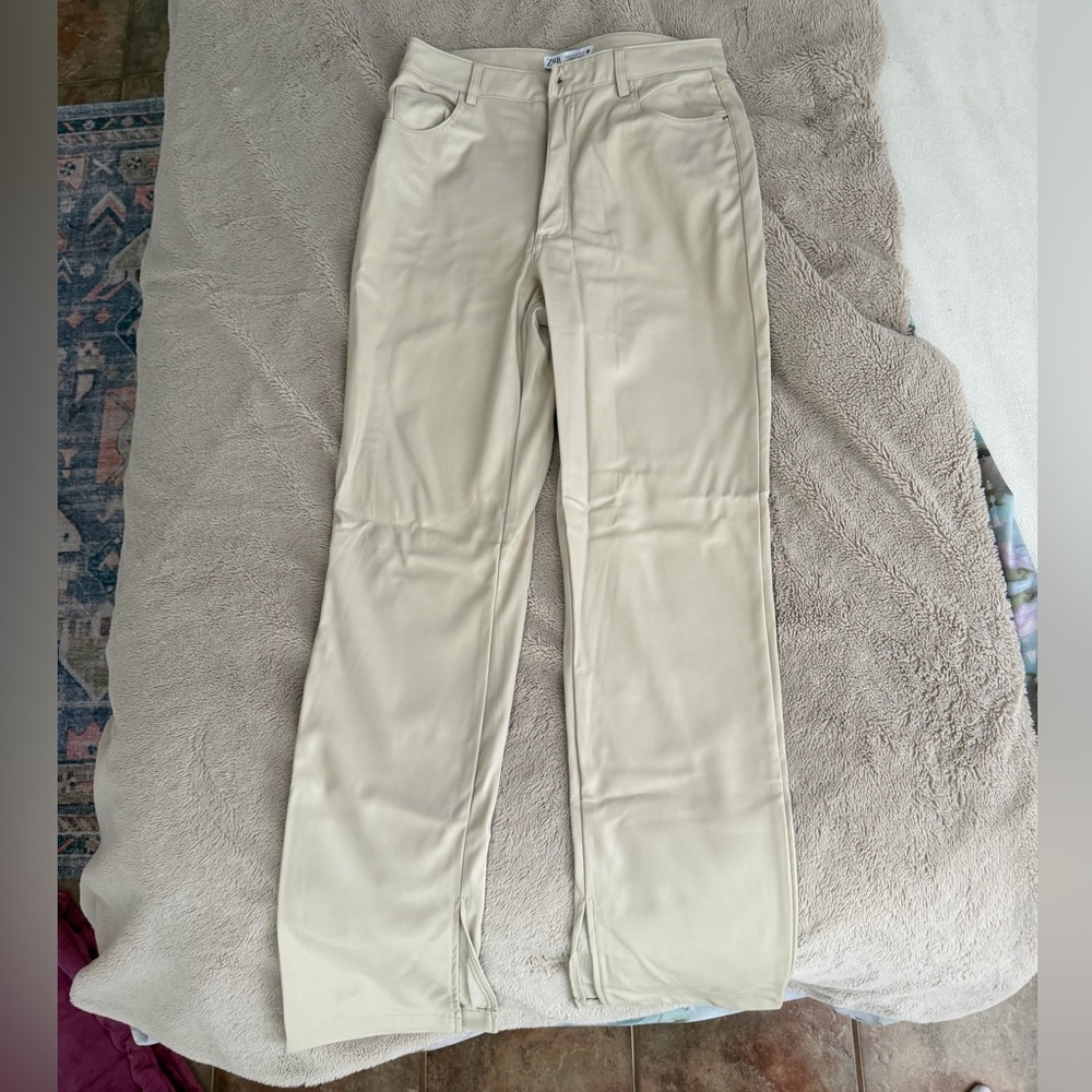 Zara Cream Faux Leather Straight-Leg Pants